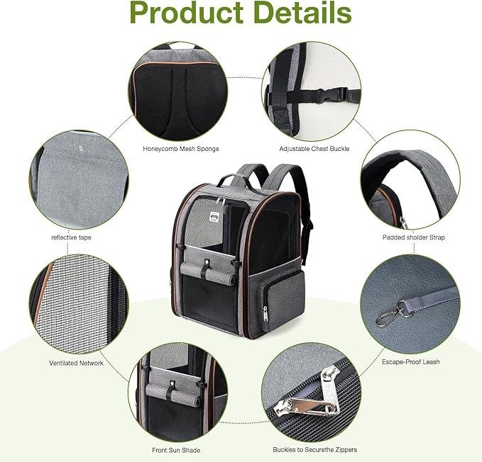 Lekebobor Cat Carrier Backpack, Expandable Pet Carrier with Sun Shade & Full Front Opening, Breathable Mesh Backpack for Small Dogs & Medium Cats Up to 18 Lbs, Foldable for Hiking, Camping (Grey)