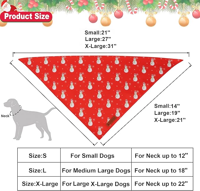 ADOGGYGO Christmas Dog Bandanas 2 Pack, Reversible Santa Snowman Xmas Pet Scarf Bib, Adjustable Fit Red Green Christmas Bandana for Medium Large Dogs (Large)