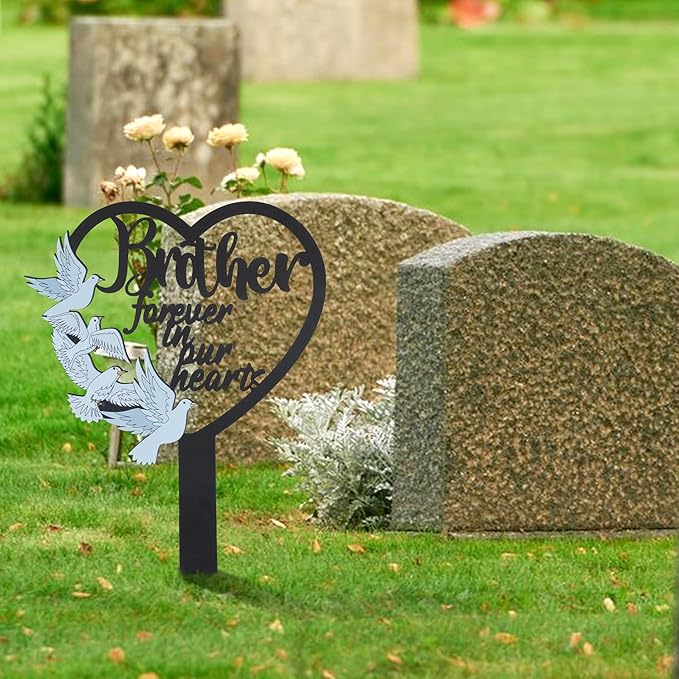 BUoonyer Stake Graves Cemetery Decorations - Brother Metal Memorial Grave Markers, Heart Graveyard Sympathy Plaque for Boy, Dove Remembrance Graveside Burial Decor Sign for Outdoor Outside Yard Garden