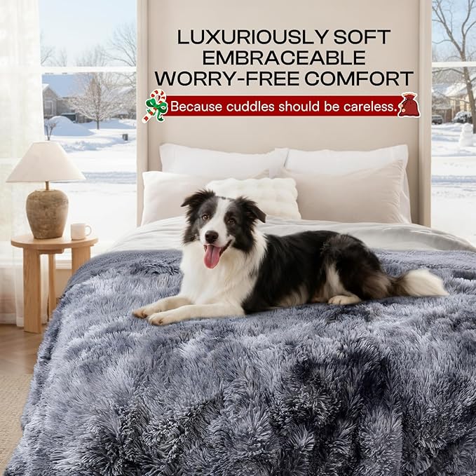 Luciphia Large Waterproof Dog Blanket Pet Washable Liquid Proof Furniture Protector Medium Shaggy Plush Calming Long Faux Fur Bed Cover for Couch Cat Blankets Kitten Doggy, Tie-dye Grey, 40" x 50"
