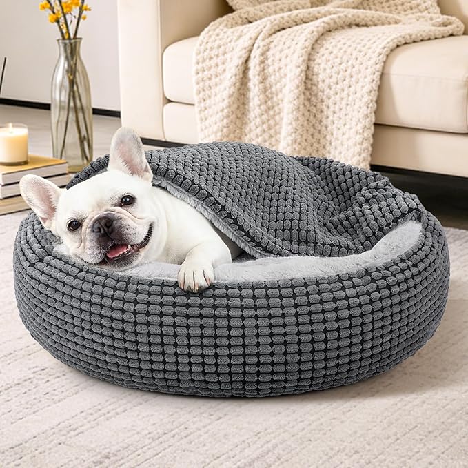 SIWA MARY Dog Bed with Attached Blanket for Small Dogs or Cats, Soft Plush Cozy Donut Cuddler Hooded Pet Beds Washable. Round Puppy Bed Orthopedic, Calming Cat Cave Bed. Anti-Slip Bottom 26inch