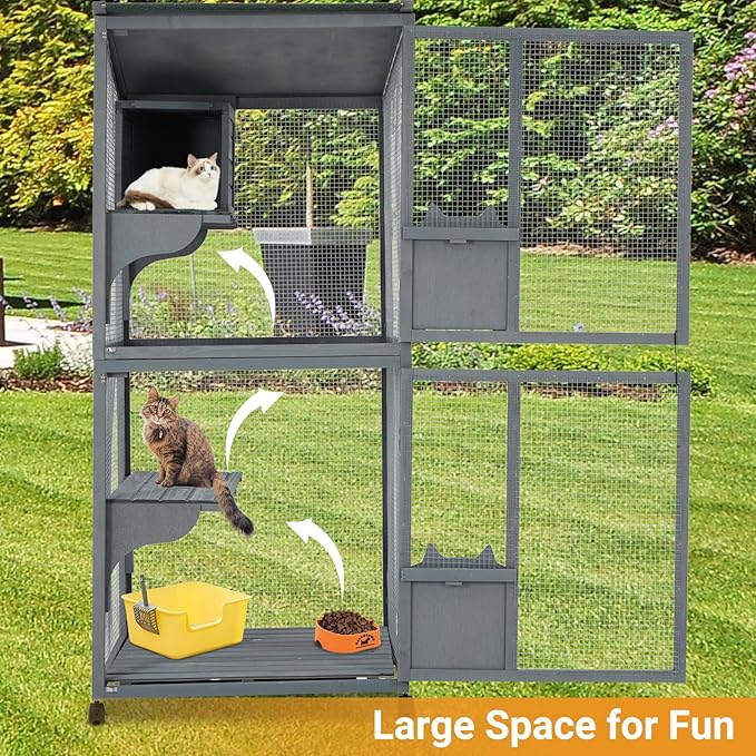 69-Inch Catio, Wooden Cat Enclosure, 4-Tier Cat House w/Waterproof Roof, Removable Tray, Nesting Box and Lockable Caster, Indoor and Outdoor Use, Easy to Clean, Multiple Accesses, Grey