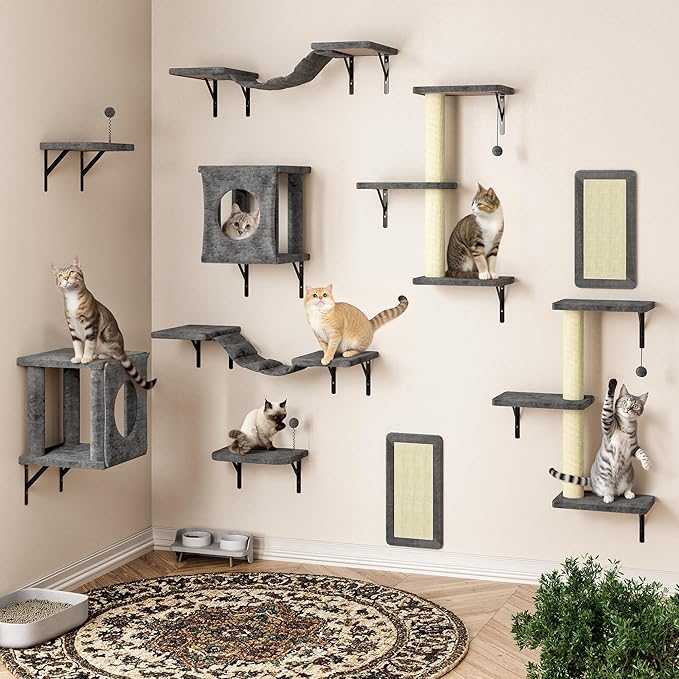 10-in-1 Cat Wall Shelves, Wooden Climbing Wall with Scratching Post, Wall Mounted Cat Furniture for Climbers, Space-Saving Cat Wall for Play & Rest, Drywall & Solid Walls