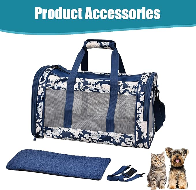 Soft-Sided Kennel Pet Carrier for Small Dogs, Cats, Puppy, Airline Approved Cat Carriers Dog Carrier Collapsible, Travel Handbag & Car Seat (Blue White Floral, 19" L x 11" W x 11" H)