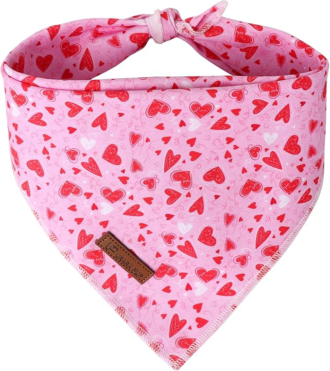 Valentine Dog Bandana - Pink Heart Triangle Bib Scarf for Small Medium Pets, Cotton Kerchief for Girl Boy Dogs or Cats, Red Puppy Bandana