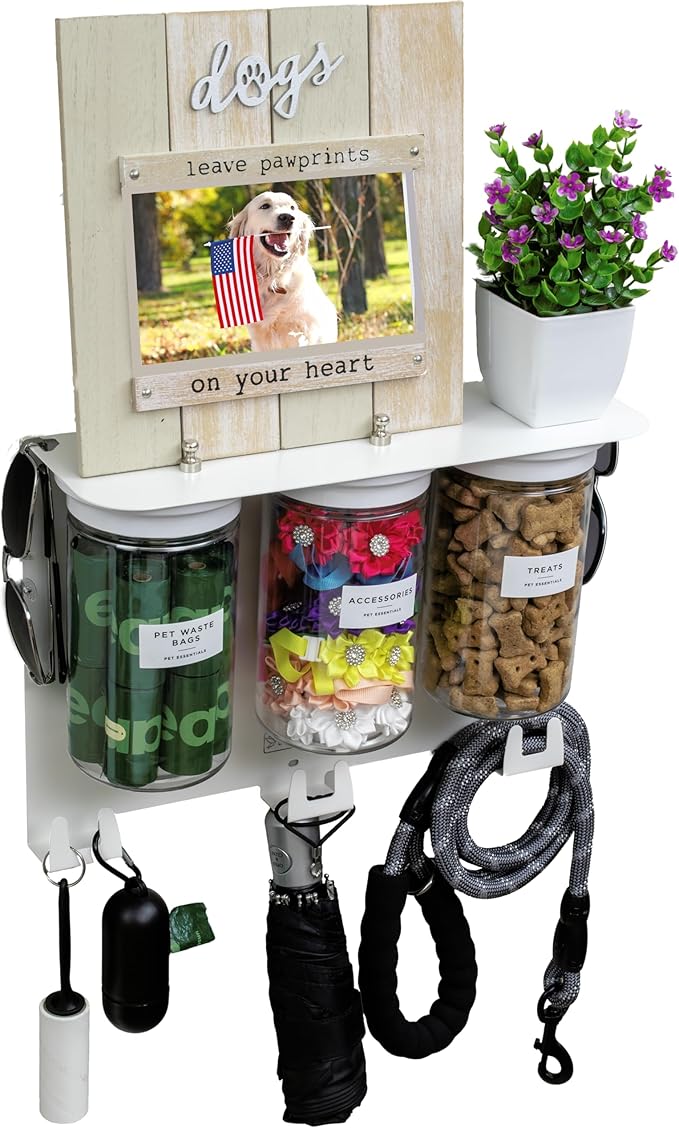 Dog Treat Holder For Wall Storage For Pets, Premium Pet Wall Organizer, Includes Three 32oz Airtight Dog Treat Jars, 3 Sets of Triple Hooks, Sturdy Shelf in Designer White