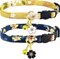 2 Pack Cotton Breakaway Cat Collars Set with Bell and Flower Pendant, Cute Floral Fruit Patterned, Adjustable 7.5-11Inch, Include A Mouse Toy Gift (Yellow+Navy Flower)