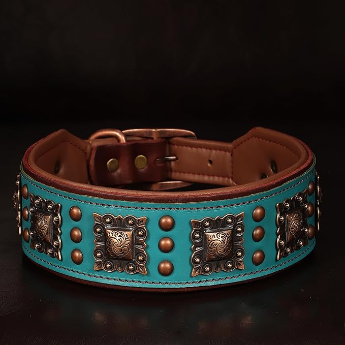 PET ARTIST Genuine Leather Dog Collar for Large Dogs, 2 inch Wide Luxury Dog Collar with Rivet Studded & Metal Buckle, Comfortable & Stylish Pet Collars for Great Dane Rottweiler,Green,Neck 22-25"