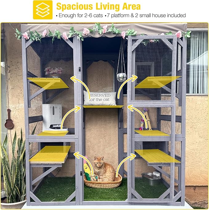 Aivituvin Catio Outdoor Cat Enclosure with 7 Platforms, 2 Resting Boxes, Large Window Cat House for 4-6 Mulitiple Cats Walk in Kitty Cage with Weatherproof Tarp Roof 70"