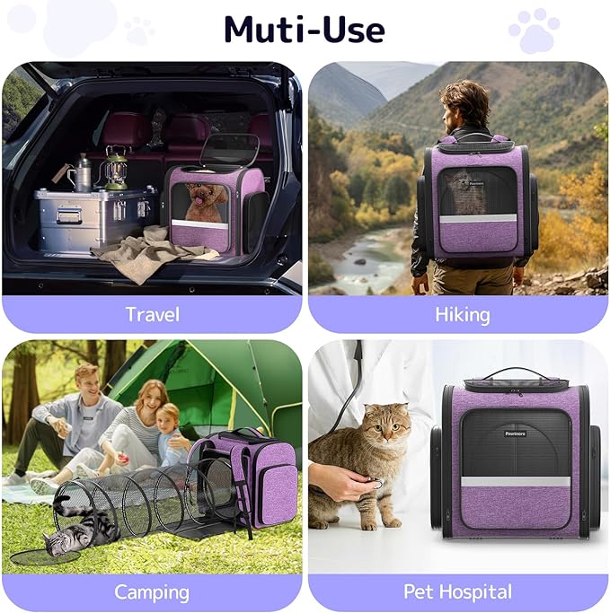 Cat Backpack Carrier with Detachable Play Tunnel, 2 in 1 Cat Tunnel Backpack Suitable for Carrying & Playing, Expandable Dog Carrier for Small Medium Kitten Puppy, Suitable for Travel Hiking Camping