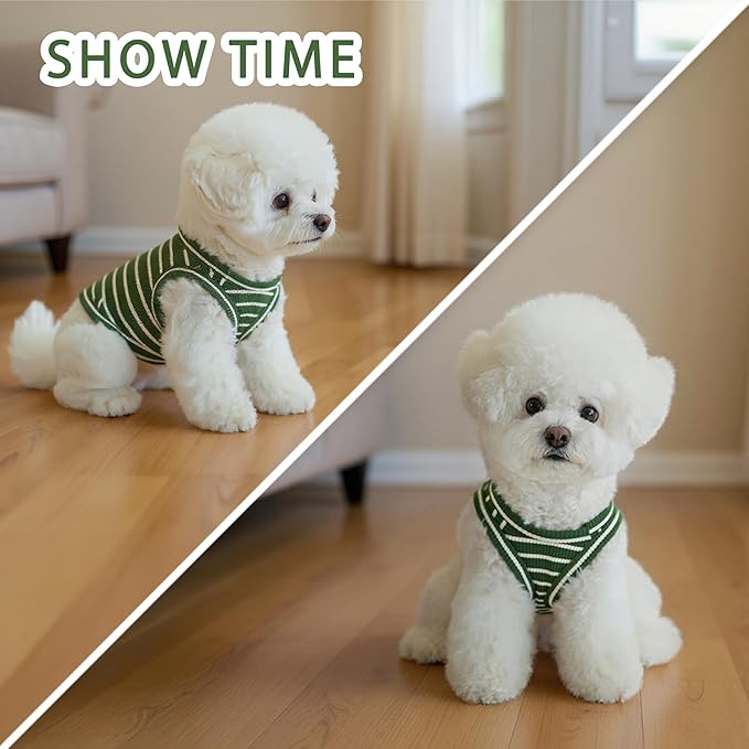 Dog Clothes, Stripe Dogs Shirts for Small & Medium Breeds, Pet Tank Top, Breathable Waffle Fabric Puppy Outfit, Shirt for Chihuahua, Yorkie, Dachshund, Corgi (Green, Large)