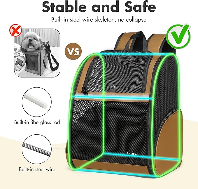 Pet Backpack Carrier, Large Cat Carrier Backpack Up to 20 Lbs with Breathable Mesh, for Medium Large Cats or Small Dogs, Travel Hiking Camping Backpack (Brown-XL)