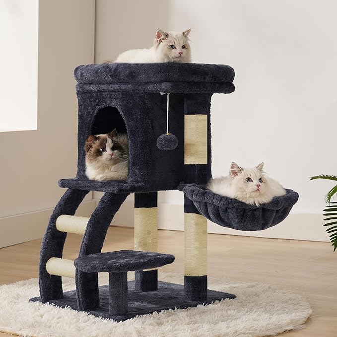 Heybly Cat Tree Tower, Cat condo for Indoor Kittens, Cat House with Wide Plush Top Perch, Ladder, Basket, Sisal-Covered Scratching Posts, Cozy Activity Center for pet, Smoky Gray HCT009SG
