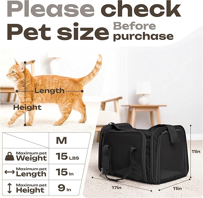 Airline Approved Medium Pet Carrier for Cats & Dogs – Foldable Dog Bag with Soft Mat, Breathable Mesh Windows, Travel-Ready Cat Carrier (Up to 15 lbs, Black)