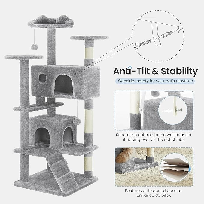 54 Inches Cat Tree Tower for Indoor Cats, Cat Tree Tower Condo with Scratching Post for Cats House Play, Multi-Level Furniture Activity Center for Pet, Sisal Rope, Light Gray