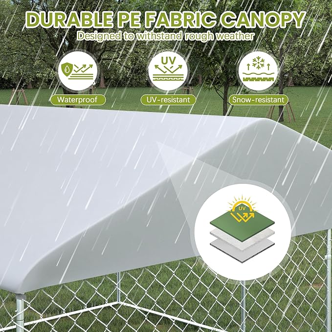 10FT x 10FT Outdoor Dog Kennel with Roof, Outside Dog Run Fence with Rotated Dog Bowls, Large Dog House Pen Enclosure with Secure Lock&Textilene Door