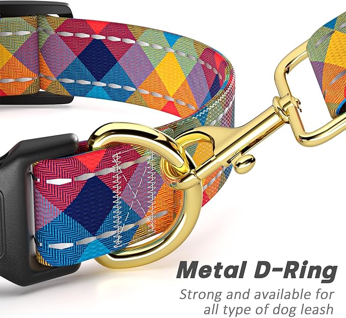 Reflective Dog Collar for Large Dogs, Cute Boho Adjustable Heavy-Duty Nylon Puppy Collar for Boy and Girl Female, Soft Pet Accessories with Quick Release Buckle, Colorful Tartan