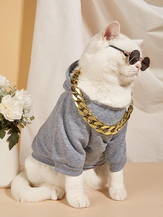 QWINEE 3Pcs Dog Hoodie Cat Apparel Dog Custume Set with Necklace and Sunglasses Pet Clothes for Puppy Small Medium Dogs Cats Grey XL
