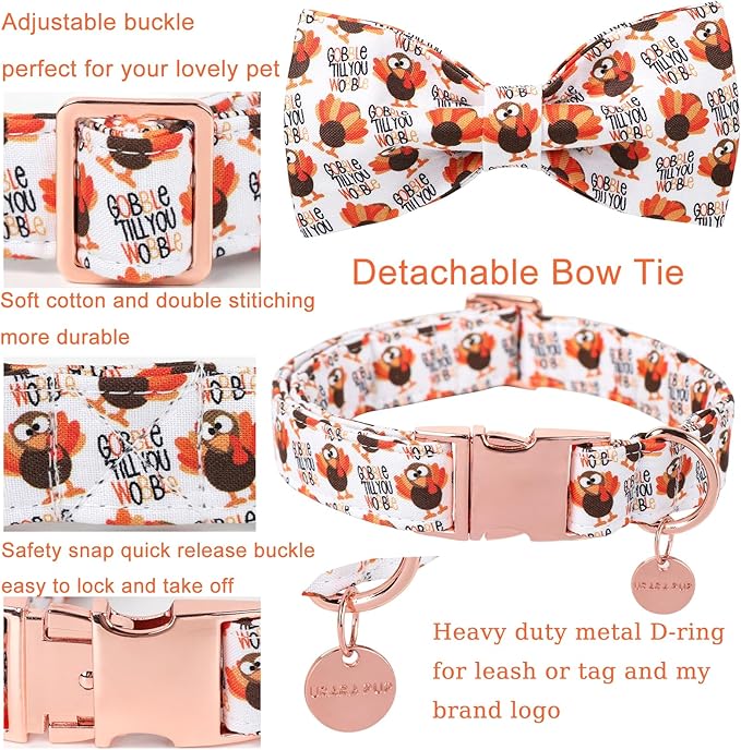 Thanksgiving Dog Collar with Bow Tie, Turkey Cotton Bowtie Collar for Puppy Girl Dog or Cat, Autumn Bow Tie Collar with Durable Metal Buckle, Turkeys Pet Collar,M, Neck 13.5-22in