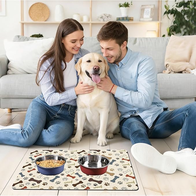 Dog Feeding Mat 24 x 16 Inch, Neutral Paw Bone Woof Dog Placemat Absorbent Quick-Dry for Food and Water, Waterproof Non Slip Rubber Pet Bowl Pad Mat for Floors