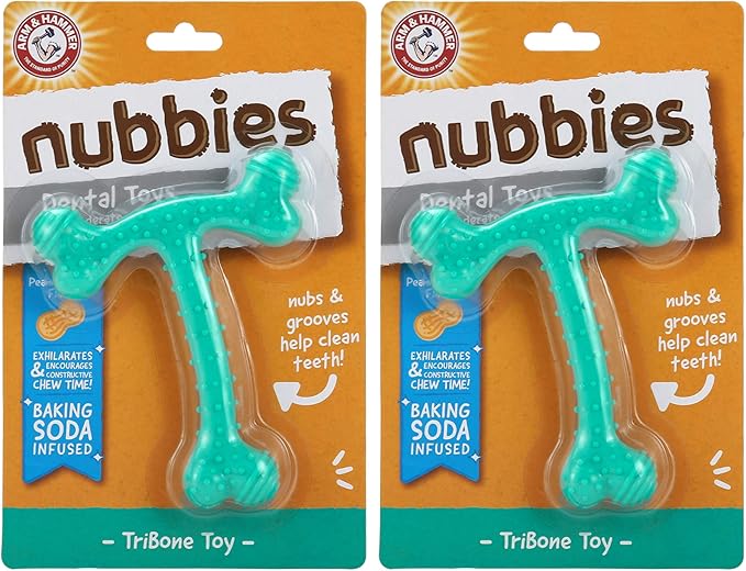 Arm & Hammer Nubbies T-Bone Dental Dog Chew Toy with Peanut Butter Flavor, Textured Chew Toy Designed to Help Clean Teeth and Support Oral Care for Dogs Up to 35 lbs - 2 Pack
