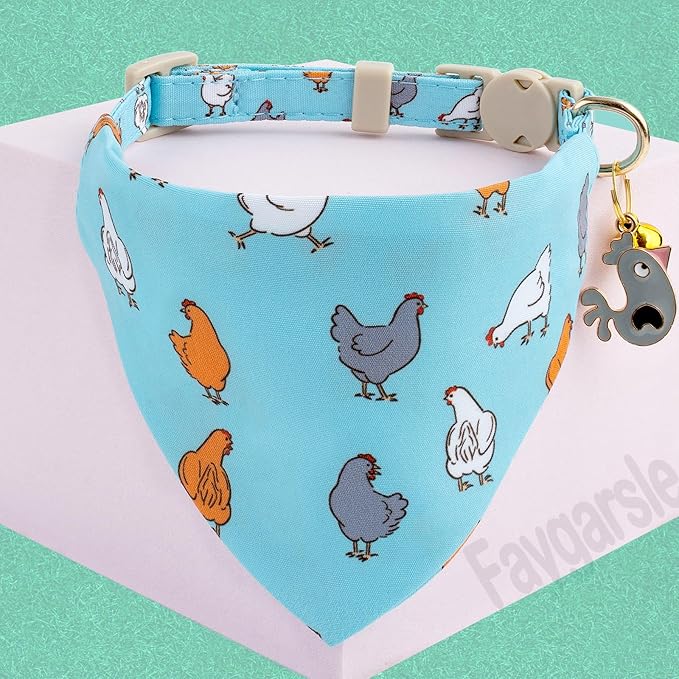 Faygarsle 2 Pack Chicken Pattern Cat Collar Set with Bandana and Bowtie, Light Blue, Breakaway Safety Clasp with Bell