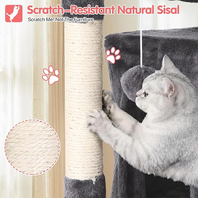 70in Cat Tree Cat Climbing Tower with Scratching Post, Cats House Perch Kitten Tree Condo Wood Playhouse, Pet Trees Tower for Indoor Cats, ASHY