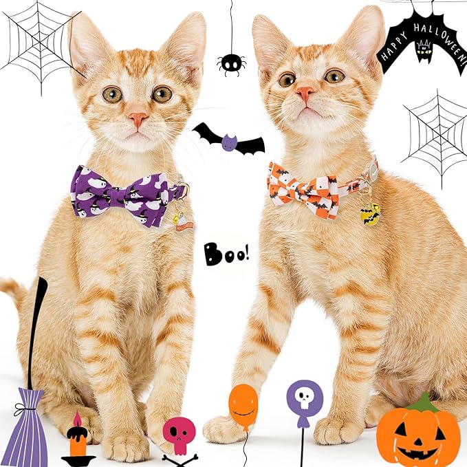 Faygarsle 2 Pack Halloween Cat Collar with Bowtie and Bell, Breakaway Safety Buckle, Ghost Bats Pattern, Orange and Purple