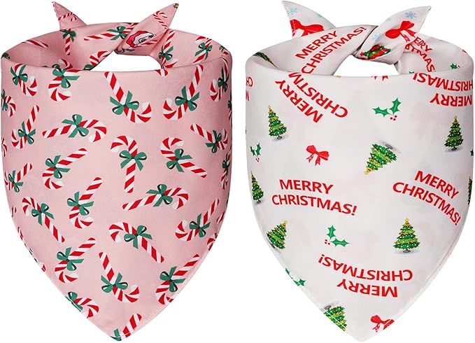Cute Christmas Dog Bandanas Small 2PCS, 4 Pattern Holiday Scarf for Boy and Girl, Triangle Reversible Bibs Breed for Puppy Pets