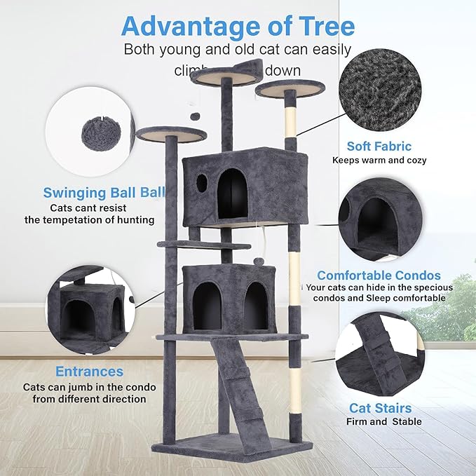 FDW | 81" Cat Tree Tower | Dark Gray | Multi-Level Indoor Activity Center with Sisal Scratching Posts, Condos, Plush Perches, Hanging Cat Toys | Sturdy, Easy to Assemble | for Kittens & Adult Cats