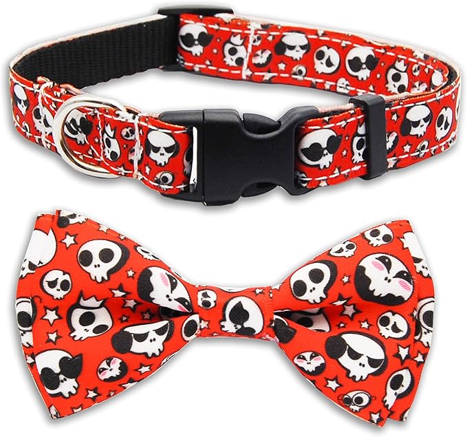 Halloween Dog Collar, Holiday Adjustable Ghost Skull Collar with Bow Tie Metal D-Ring & Secure Buckle Soft Nylon for Small Medium Pets Puppies