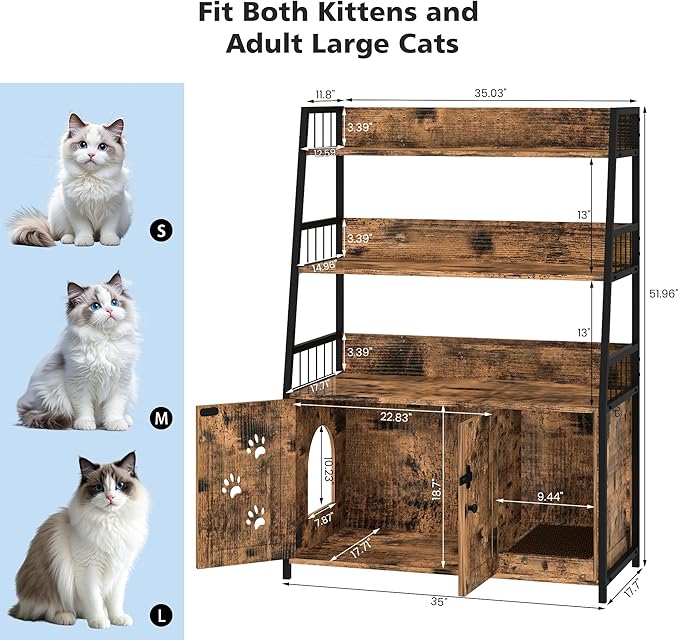 Recaceik Large Cat Litter Box Enclosure with Shelf Storage, Hidden Cat Washroom Furniture, Wooden Cat House with Scratch Pad, Sturdy Indoor Cat Cabinet with 2 Doors, Rustic Brown