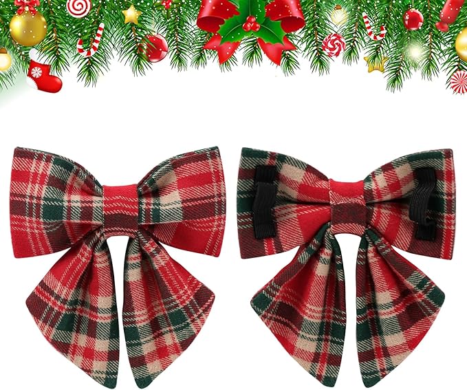 Christmas Plaid Dog Collar with Bow Tie– Adjustable Red & Green Checkered Dog Collar for Small Medium Large Dogs, Soft Xmas Plaid Puppy Collars with Quick Release Buckle XS