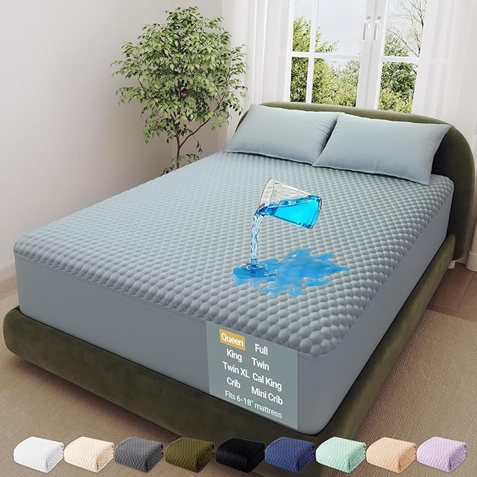 OhGeni 100% Waterproof Mattress Protector,Queen Size Mattress Soft Pad,Pet Hair & Bedwetting Resistant,Cooling Breathable Fitted Sheets,Washable Bed Cover,Non-Slip Deep Pocket,Noiseless,Lake Blue
