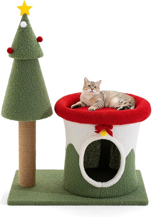 COSIEST 30in Christmas Cat Tree for Kittens, Kitty Condo with Top Perch, Small Cat Tree House with Sisal Scratching Posts, Cat Safe Christmas Tree Tower for Indoor Cats, Activity Center, Red & Green