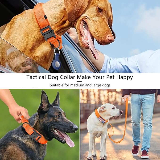 DAGANXI Tactical Dog Collar, Adjustable Military Training Nylon Dog Collar with Control Handle and Heavy Metal Buckle for Medium and Large Dogs, with Patches and Airtags Case (Orange-Set, XL)