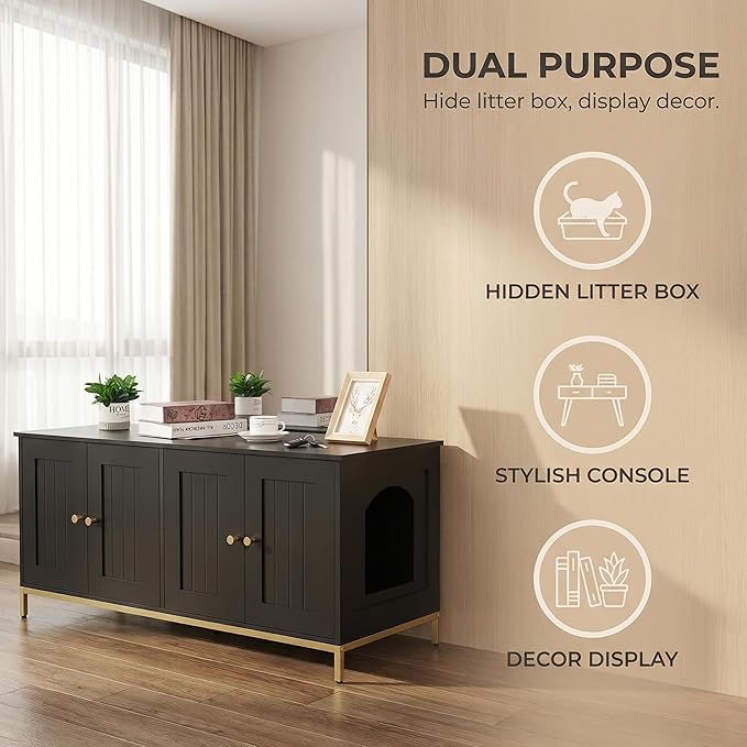 Homhedy Cat Litter Box Enclosure for 2 Cats, Cat Washroom Furniture with Double Room, Pet House with Metal Frame, 47.2”L x 17.7”W x 21.7”H, Black and Gold