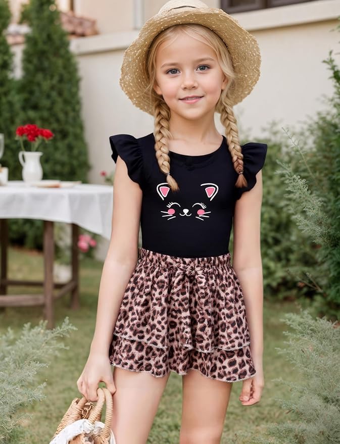 Girls Skirt Set 2 Piece Outfit Toddler Summer Clothes Ruffle Sleeve T-Shirt Bow Knot Tutu Skirt Outfit Set