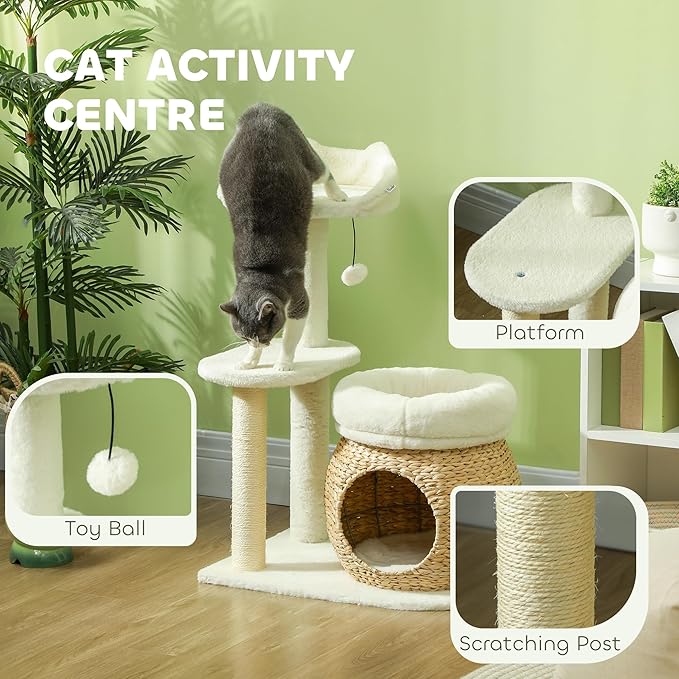 PawHut 31" Cat Tree, Cat Tower for Indoor Cats with Sisal Scratching Posts, Cat Condo, Cat Beds, Platform and Toy Ball, Cat Activity Center, Cream White