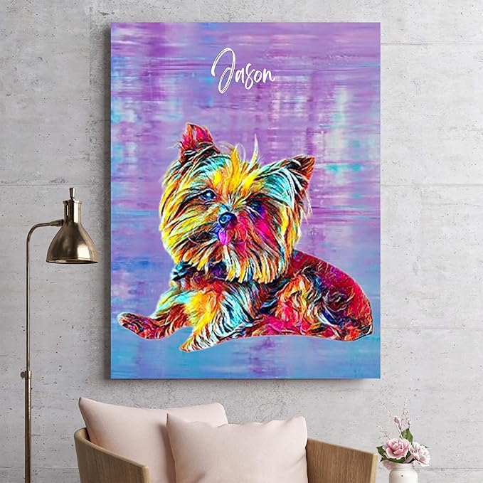 Julyly POD Custom Dog Portrait, Personalized Canvas Wall Art with Name, Whimsical Painting Decor, Pet Portrait from Photo, Cat Poster, Pet Memorial Gift, Birthday, Christmas Gift for Dog Lovers