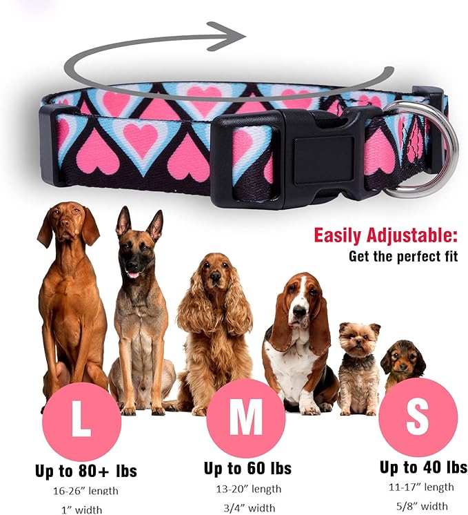 Native Pup Valentine’s Dog Collar- Valentines Day Pet Collars- Valentine Girly Hearts- Pink Red Heart- Cute Boy Girl Puppy Gift- Adjustable for Small, Medium, Large Breeds (Blue & Pink Hearts, Medium)