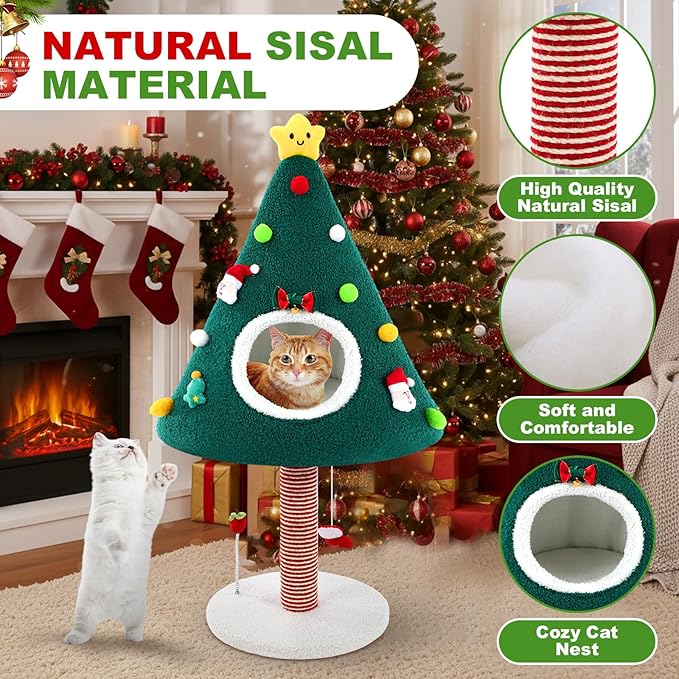 36.6 Inch Christmas Cat Tower with Cat Scratching Post and Green House Scratcher Tall Tree Tower Nature Sisal Christmas Tree Scratcher Activity Center Play Condo for Indoor
