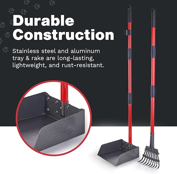 Pooper Scooper for Large Dogs and Small Dogs, Metal Poop Scooper Set with Long Handle Rake and Heavy Duty Tray for Yard, Grass, Dirt or Gravel, Heavy Duty Aluminum Poop Picker Upper