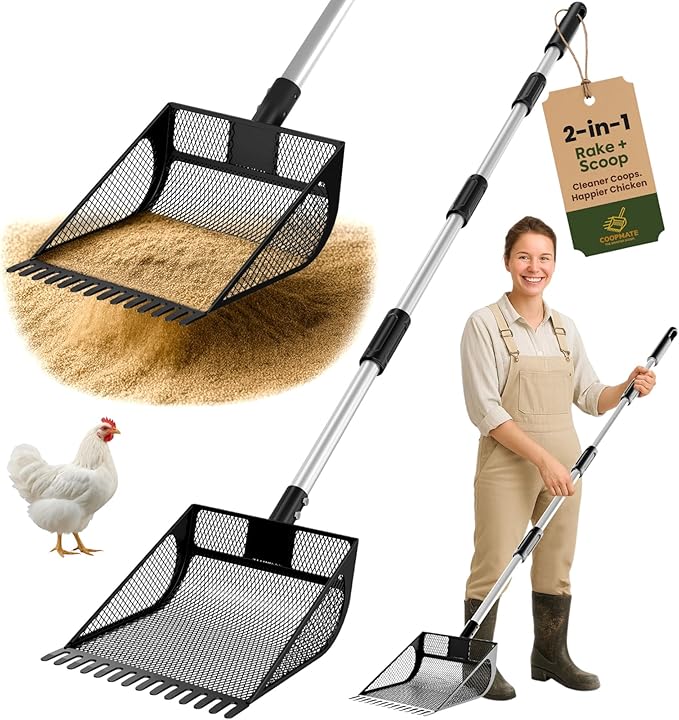 2-in-1 Chicken Coop Poop Scooper and Rake - Metal Sand Sifting Litter Scoop Shovel with Angled Basket and Micro-Sized Diamond Mesh to Catch The Smallest Farm Animal Droppings - Adjustable 12" to 53"