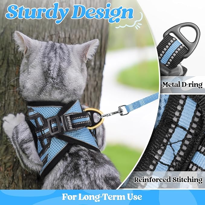 rabbitgoo Cat Harness and Leash Set for Walking Escape Proof, Adjustable Soft Kittens Vest with Reflective Strip for Cats, Comfortable Outdoor Vest, Light Blue, L