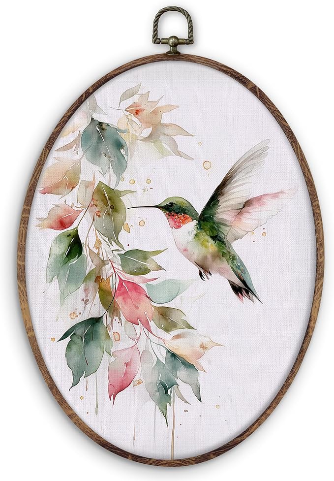 DILSJ Hummingbird Botanical Oval Wall Art Decor, Farmhouse Green Hummingbird Canvas Wall Art Framed, Watercolor Bird Hanging Decorations for Home Living Room Bedroom, 11x8.5 Inch