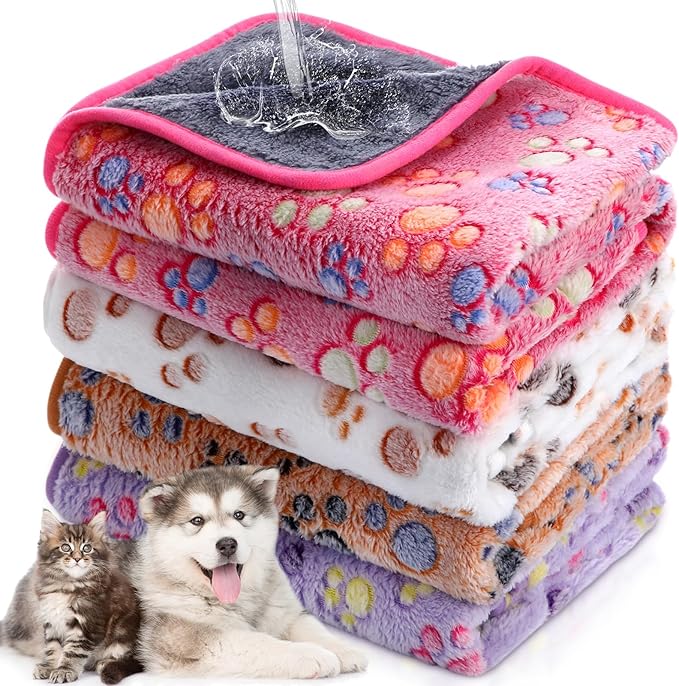 Panelee 4 Pcs Waterproof Dog Blankets Washable Puppy Paw Print Fleece Blanket for Small Medium Pet Cat Whelping Warm Soft Sleep Mat Guinea Pig Cage Liners(36 x 36 Inch)