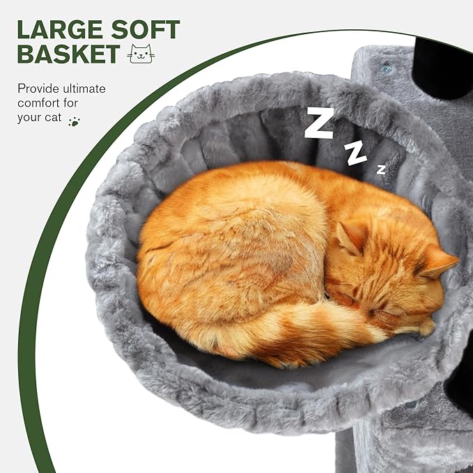 MUTICOR 66 Inches Multi-Level Large Cat Tree Tower for Indoor Big Feline/Cozy Plush Perches/Condo/Sisal Scratching Posts/Hammock and Baskets/Activity Center Play House/Wide Base/Black & Grey