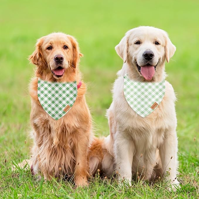 2Pcs Dog Bandanas Sage Green Plaid Triangle Pet Scarf Adjustable Puppy Neckerchief Dog Cat Bib for Spring Summer Medium Large Boy Girl Pet Costume Accessories