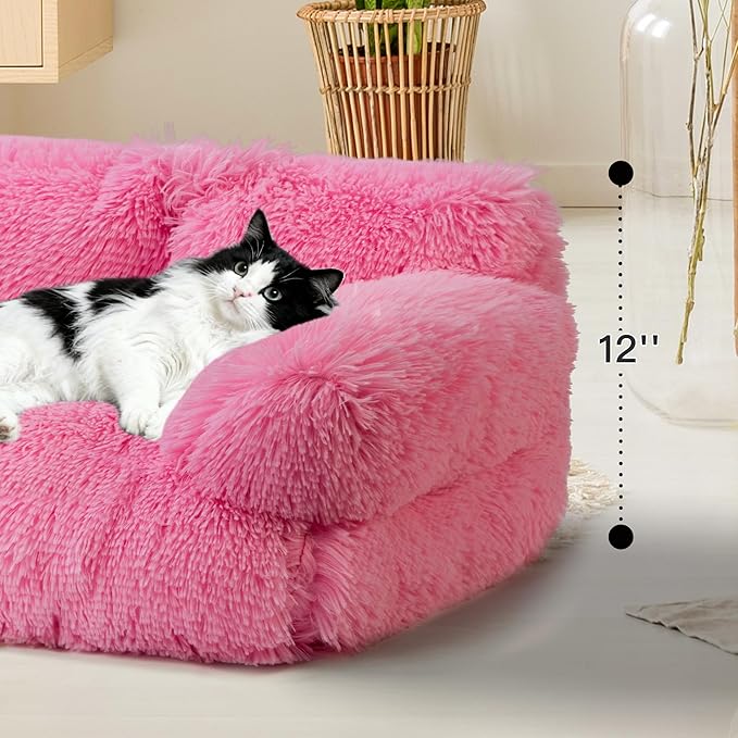 Large Cat Beds for Indoor Cats, Dog Couch Bed, Cute Cat Couch Sofas for Less 20lbs Kitten Puppy, Small Dog Sofas & Chairs with Removable Washable Cover, Soft Warm Pet Furniture, Plush Pink